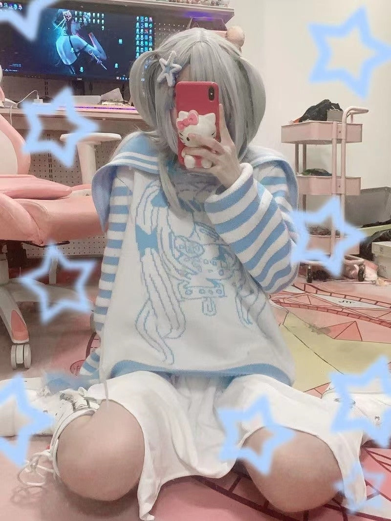 Striped eGirl Knit Hoodie - anime, fuzzy hoodie, hooded, hoodies, menhera Kawaii Babe