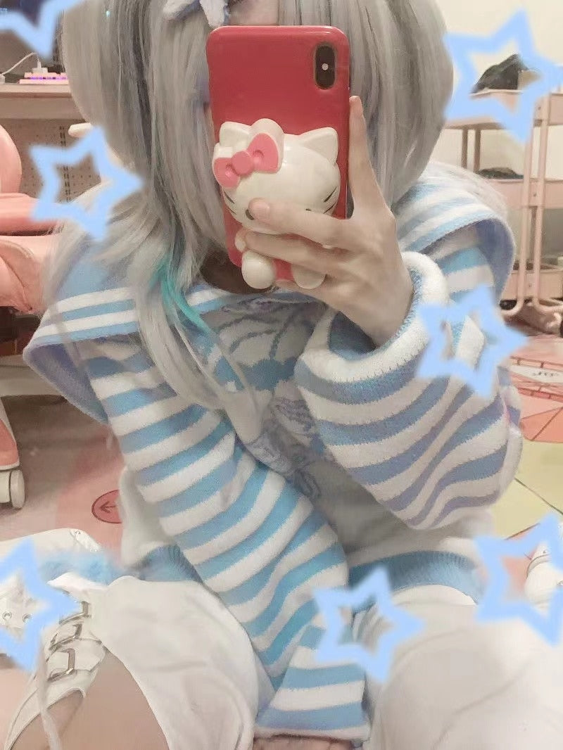 Striped eGirl Knit Hoodie - anime, fuzzy hoodie, hooded, hoodies, menhera Kawaii Babe
