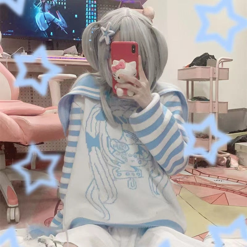 Striped eGirl Knit Hoodie - anime, fuzzy hoodie, hooded, hoodies, menhera Kawaii Babe