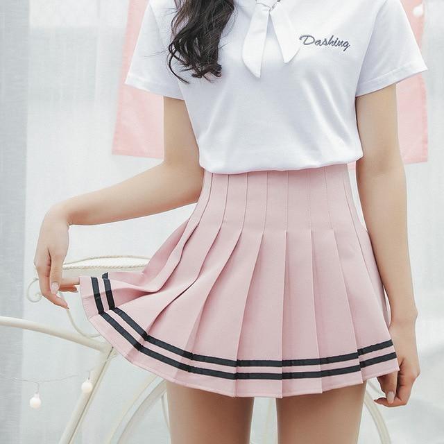 Striped School Girl Tennis Skirt Pleated Pink Cute Kawaii Harajuku Fashion