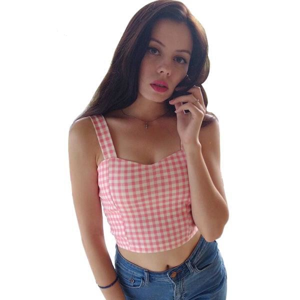 Plaid Crop top Cute Crop Tops for Women V Neck Lace Camisole White