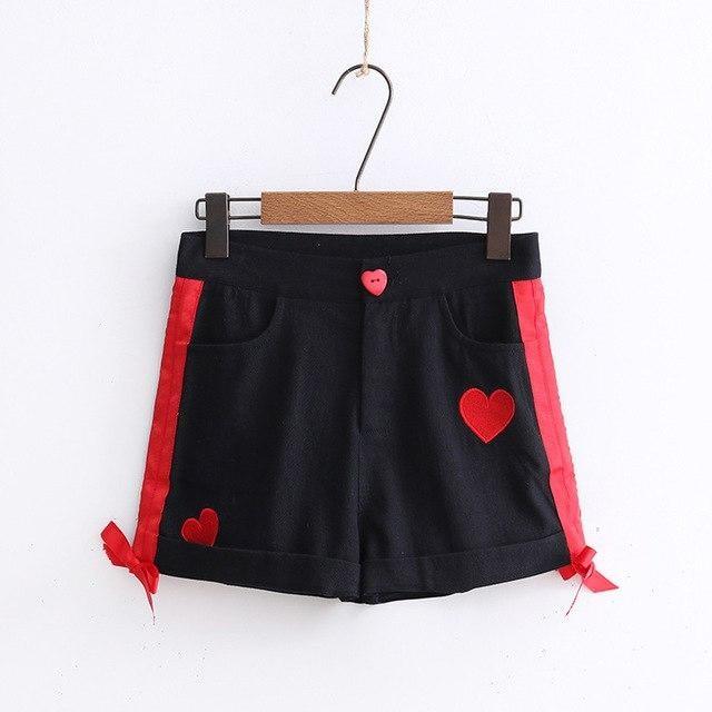 Black Sweet Heart Shorts Embroidered Silk Ribbon Kawaii Fashion Goth