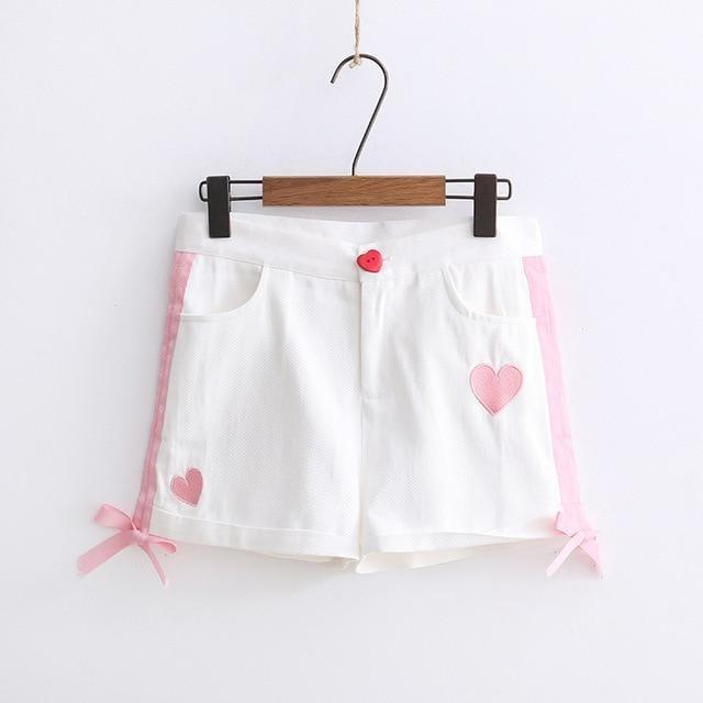 White Sweet Heart Shorts Embroidered Silk Ribbon Kawaii Fashion Fairy Kei 