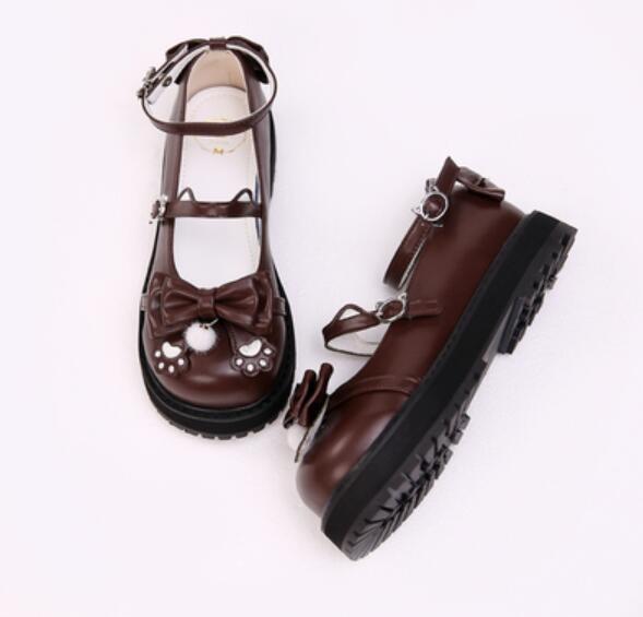 Sweet Lolita Paw Maryjanes - Brown / 4 - embroidered, embroidery, loafers, lolita, lolita heels
