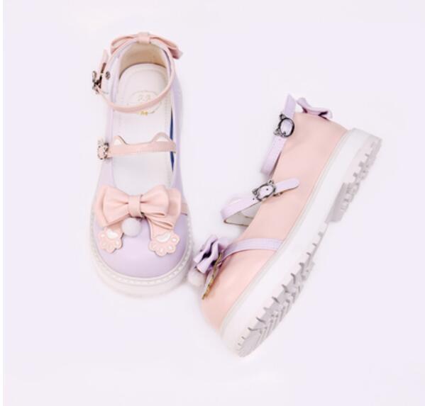 Sweet Lolita Paw Maryjanes - Pink/Purple / 4 - embroidered, embroidery, loafers, lolita, lolita heels