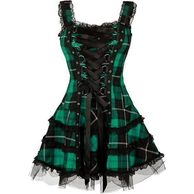 Tartan Plaid Gothic Dress Dark Fashion Corset Lace Up | Kawaii Babe Red / M Tartan Plaid Gothic Dress Dark Fashion Corset Lace Up | Kawaii Babe Red / M