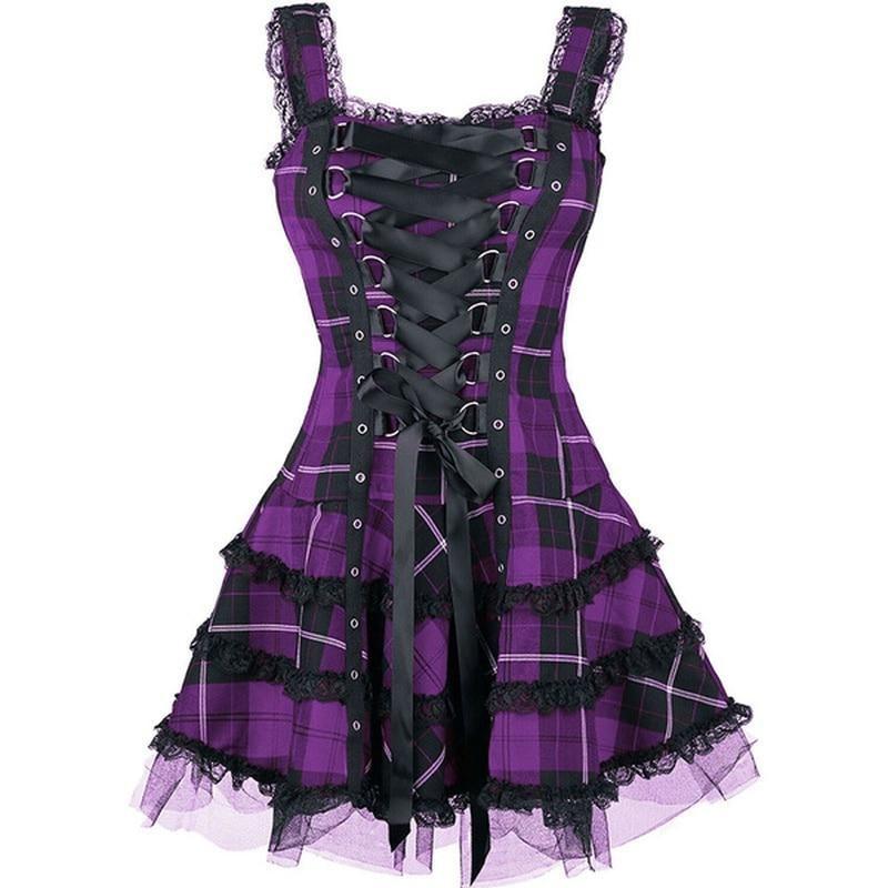 Unique Vintage Purple Plaid Corset Flare Dress Black/Purple – Pinup Parlor  Boutique
