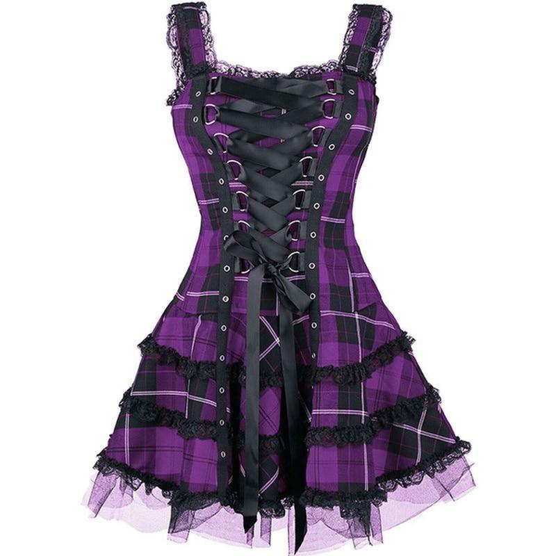 Tartan Plaid Gothic Dress Dark Fashion Corset Lace Up | Kawaii Babe Purple / L Tartan Plaid Gothic Dress Dark Fashion Corset Lace Up | Kawaii Babe Purple / L