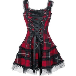 gothic lace up waist plaid irregular dress GOTHIC WAIST PLAID IRREGULAR" DRESS K082106 Uoobox