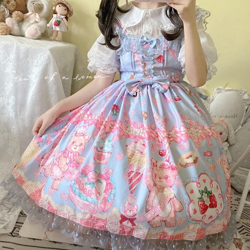 Teddy Bear Bakery Sweet Lolita JSK Dress Kawaii Cute | Kawaii Babe Blue Teddy Bear Bakery Sweet Lolita JSK Dress Kawaii Cute | Kawaii Babe Blue