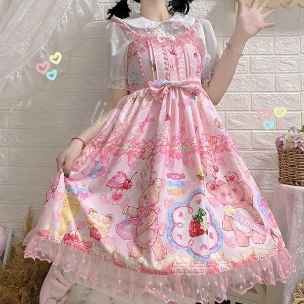 Teddy Bear Bakery Lolita Dress - Pink - baked, baked goods, bakery, cupcakes, dress