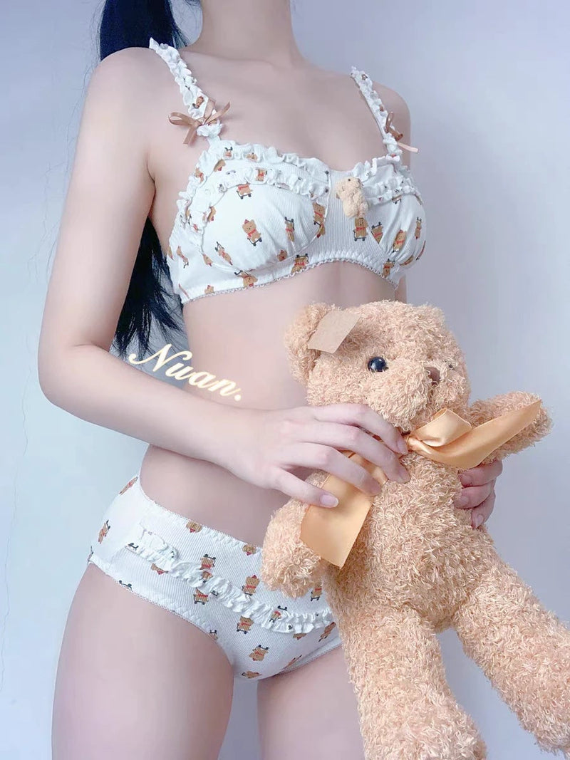 Valentine Fuzzy Bear Lingerie Set Furry Soft Plush Bra Panty Kawaii Babe