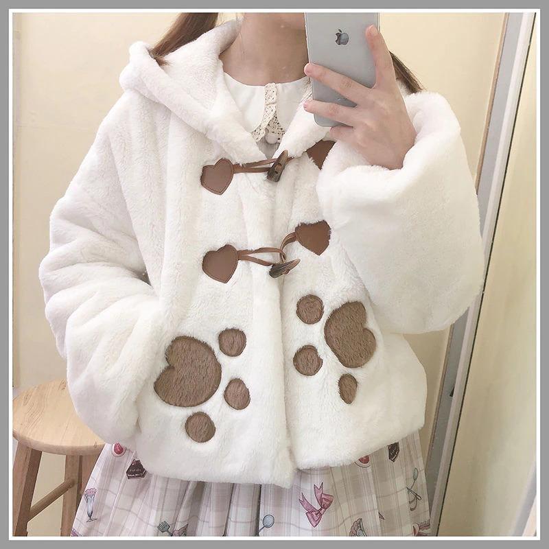 Pastel Paw Print Fuzzy Winter Coat Jacket Hoodie Cute | Kawaii Babe