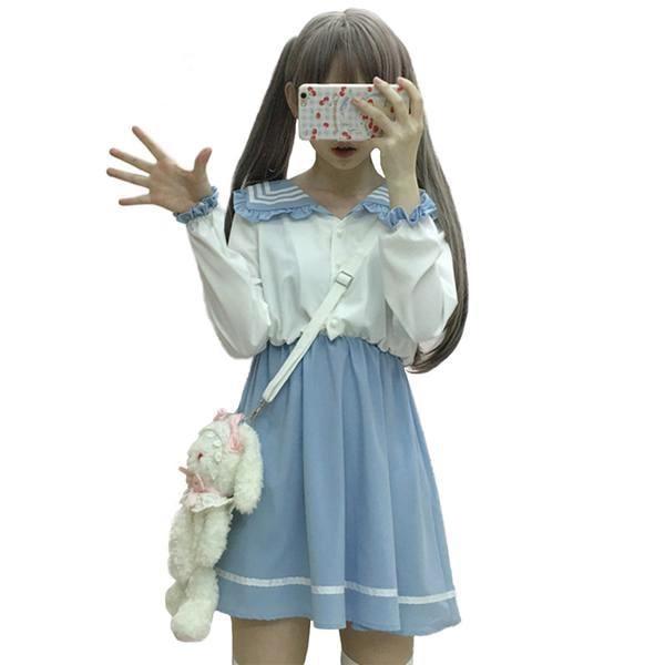 Kawaii Blue White School Girl Dress Japanese Harajuku Kawaii Fashion 