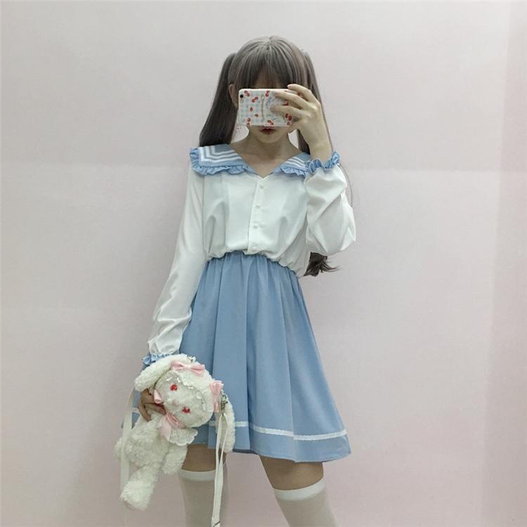 Kawaii Blue White School Girl Dress Japanese Harajuku Kawaii Fashion Preppy