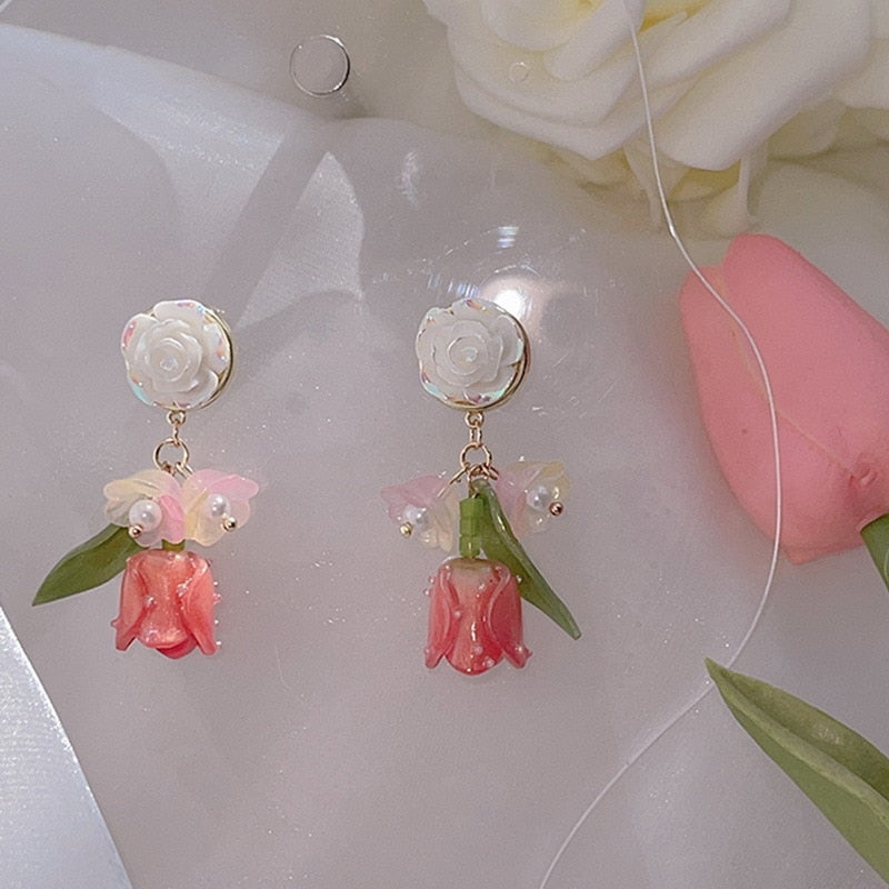 Pink Tulip Earrings Small Fresh Tulip Earrings Design Sense Of
