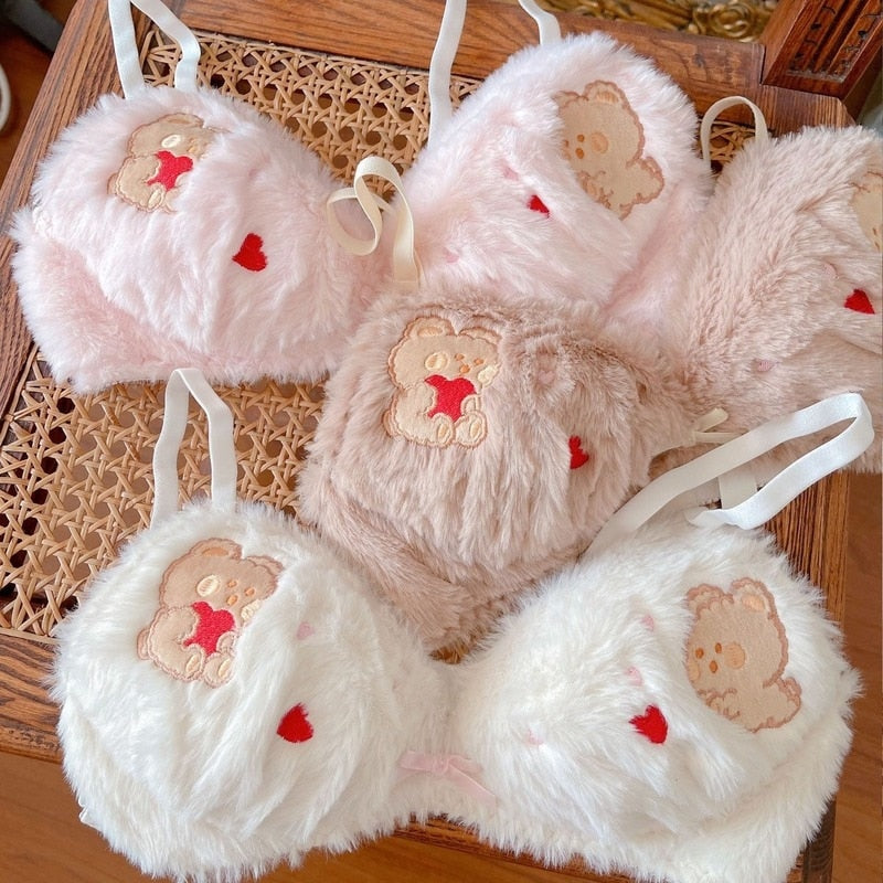 Valentine Fuzzy Bear Lingerie Set Furry Soft Plush Bra Panty