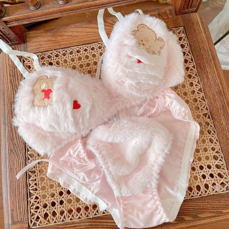 Valentine Fuzzy Bear Lingerie Set Furry Soft Plush Bra Panty Kawaii Babe