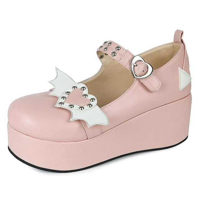 Valentine Mary Janes - Pink Winged Heart / 5 - buckle, footwear, heart, heart shoes, lolita