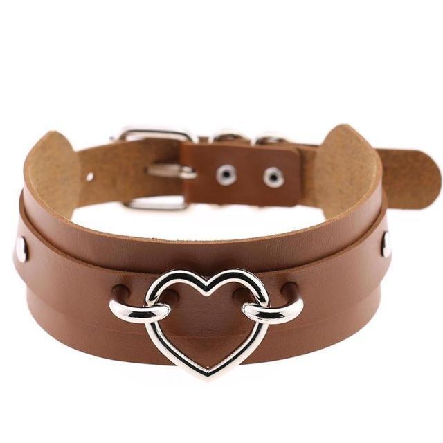 Brown Vegan Leather Heart Choker Collar Necklace Belted BDSM Bondage Kink Fetish