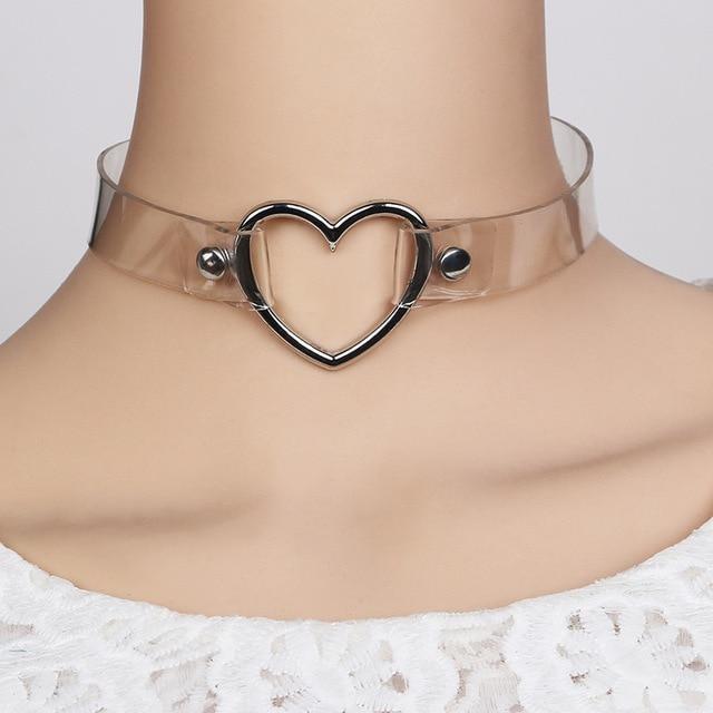 Kawaii Clear Transparent Heart Choker Collar Vegan Leather Bondage Leash Kink 
