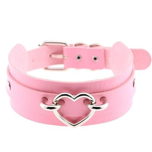 Pink Vegan Leather Heart Choker Collar Necklace Belted BDSM Bondage Kink Fetish
