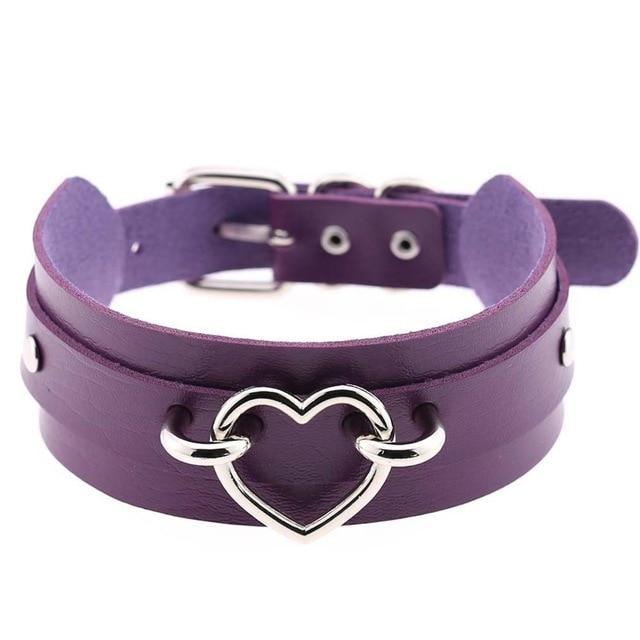 Purple Vegan Leather Heart Choker Collar Necklace Belted BDSM Bondage Kink Fetish