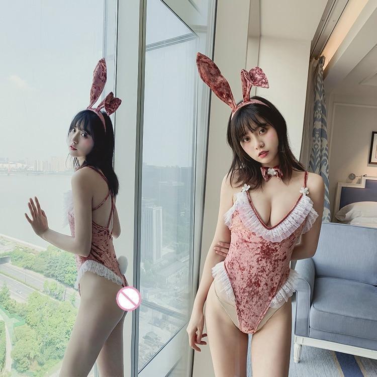 Pink Velvet Bunny Costume Bodysuit Velour Rabbit Cosplay Sexy Petplay Gear