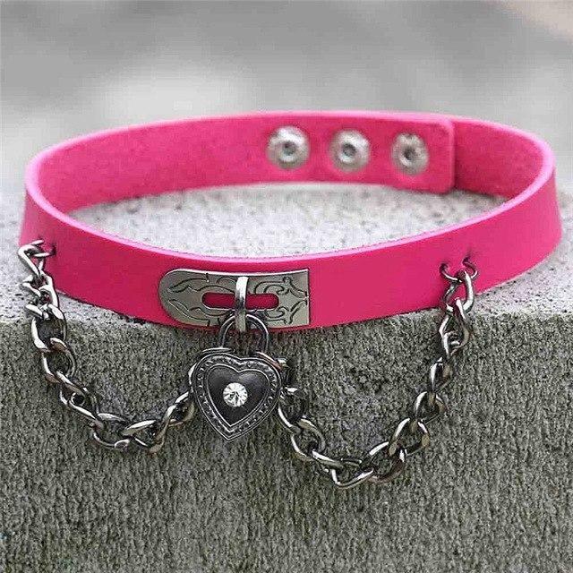 Hot Pink Victorian Goth Locket Collar Choker Necklace Vegan Leather Adjustable Lock & Key