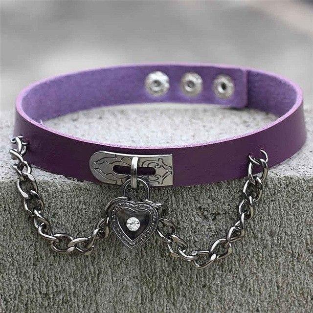 Purple Victorian Goth Locket Collar Choker Necklace Vegan Leather Adjustable Lock & Key