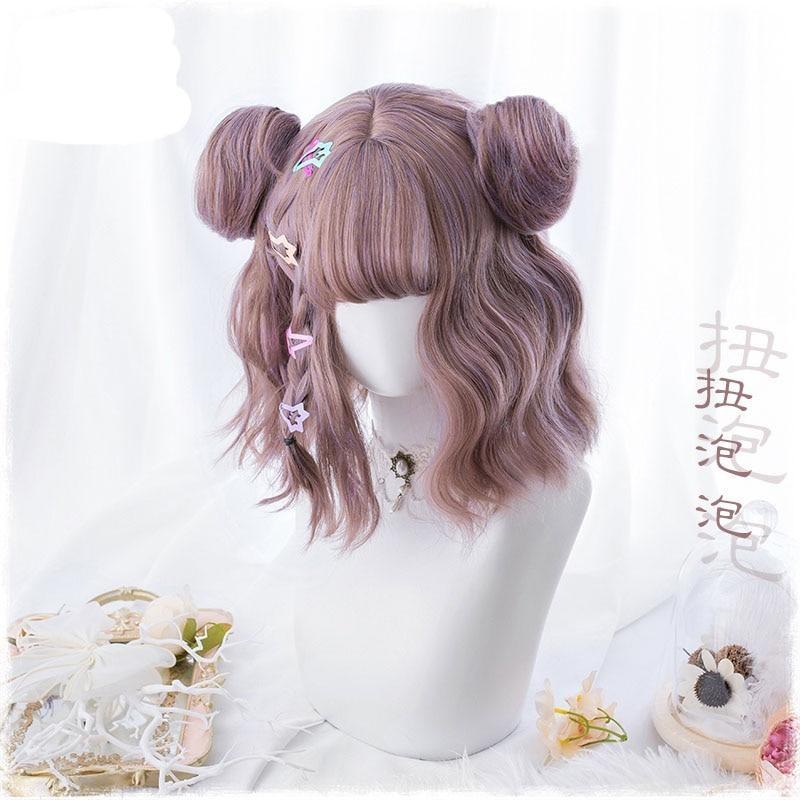 Purple Brown Pigtail Bun Cosplay Wig Kanekalon Fibre Cute Harajuku Kawaii Fashion