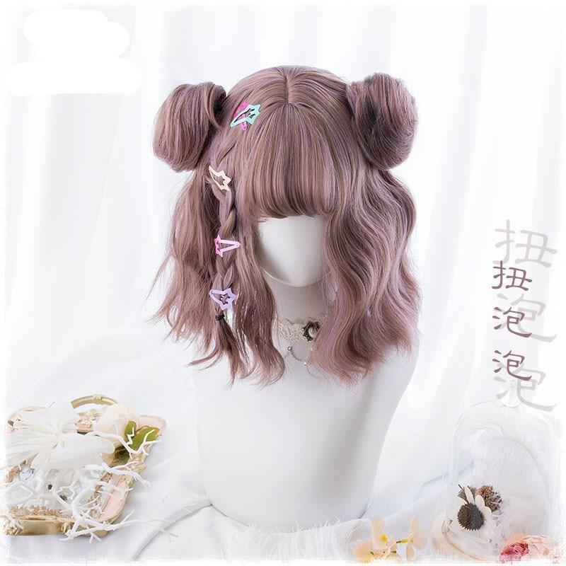 Purple Brown Pigtail Bun Cosplay Wig Kanekalon Fibre Cute Harajuku Kawaii Fashion