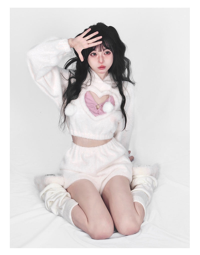 White Fuzzy Valentine Set - hooded, hoodies, outfit, short shorts, sweaters Kawaii Babe
