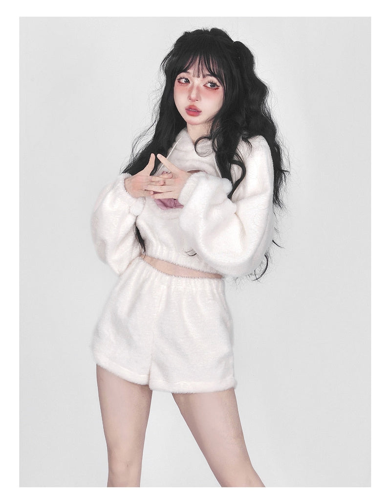 White Fuzzy Valentine Set - hooded, hoodies, outfit, short shorts, sweaters Kawaii Babe