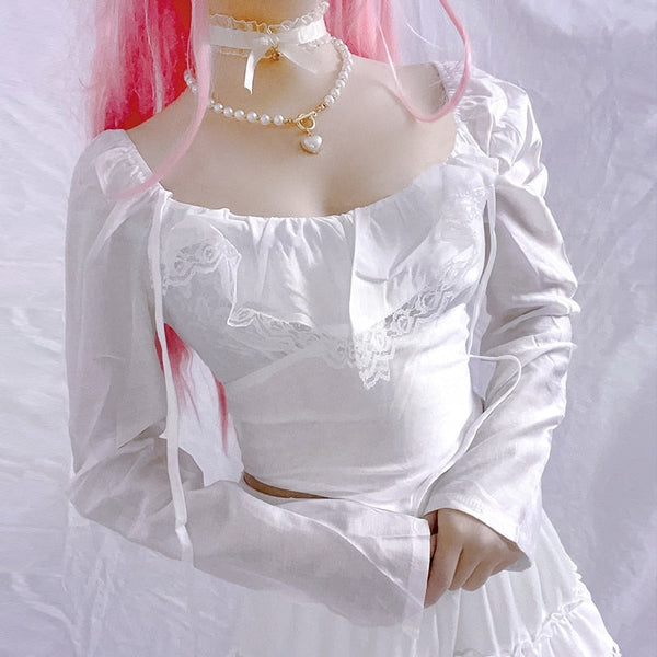 White Ruffle Blouse - blouses, lolita blouse, lolita shirt, ruffled, ruffles Kawaii Babe