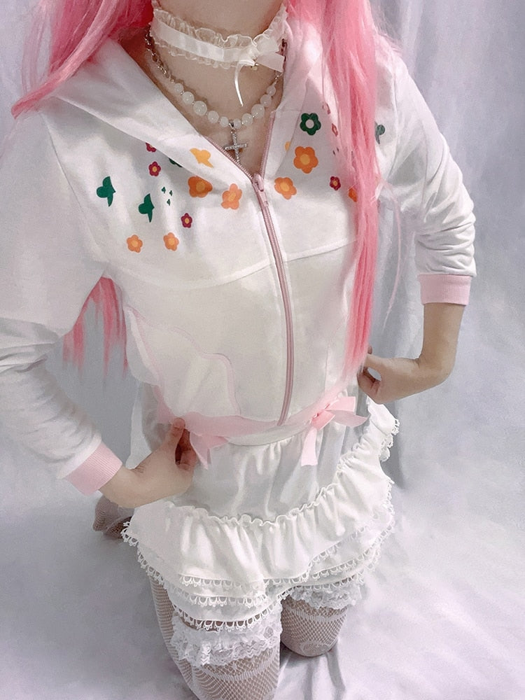 Y2K Floral Zip Up Jacket - 1990s, 90s, flowers, sweat shirts, sweaters Kawaii Babe