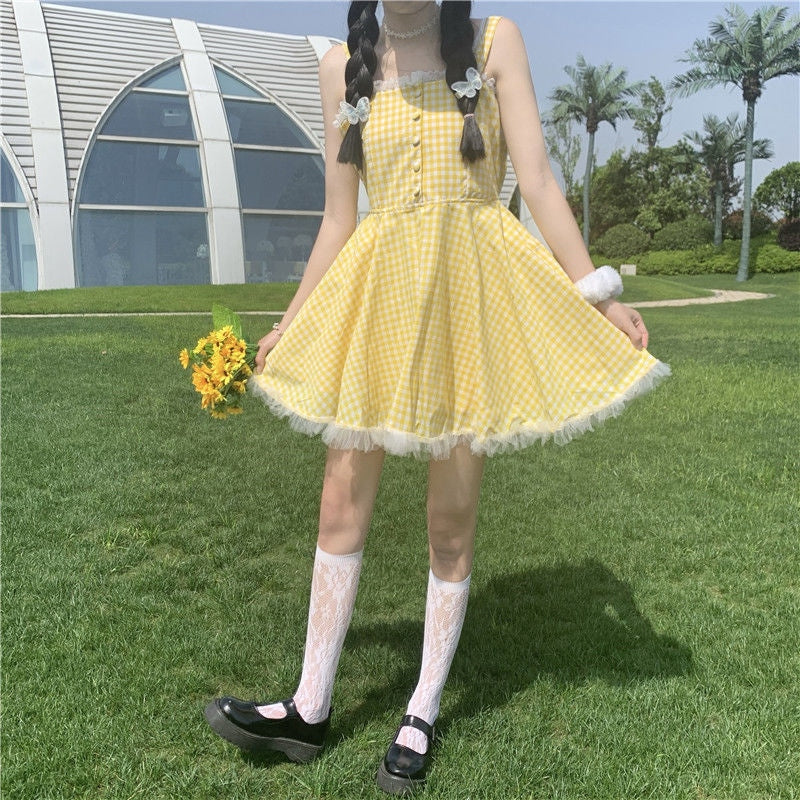 Yellow Plaid Babydoll Dress - country girl, coutry, dollette, dress, dresses