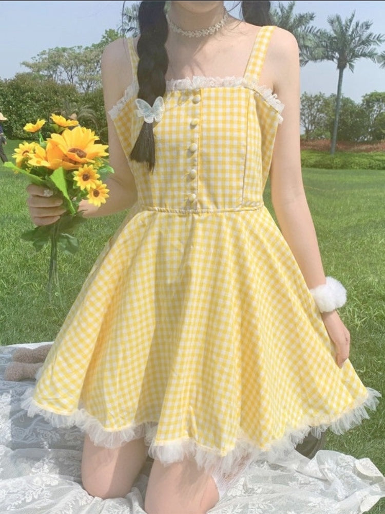 Yellow Plaid Babydoll Dress - L - country girl, coutry, dollette, dress, dresses